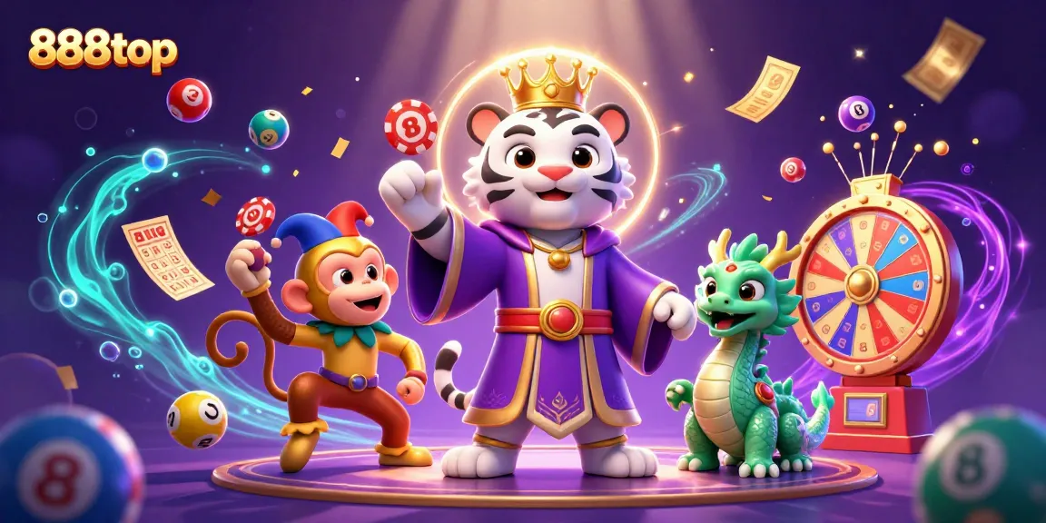 Experience the excitement of 888top with vibrant lottery elements surrounding a royal tiger and jester monkey.