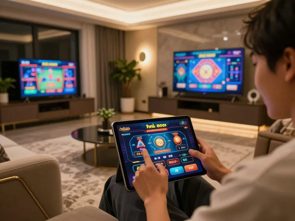 Person playing the nhà cái 789bet app on a tablet in a stylish living room, excited to bet online.