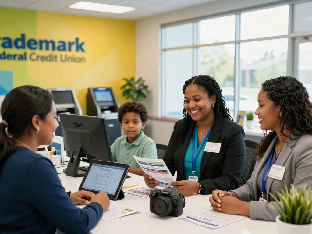 Friendly staff assisting diverse members at Trademark FCU, showcasing community banking at https://trademarkfcu.org.