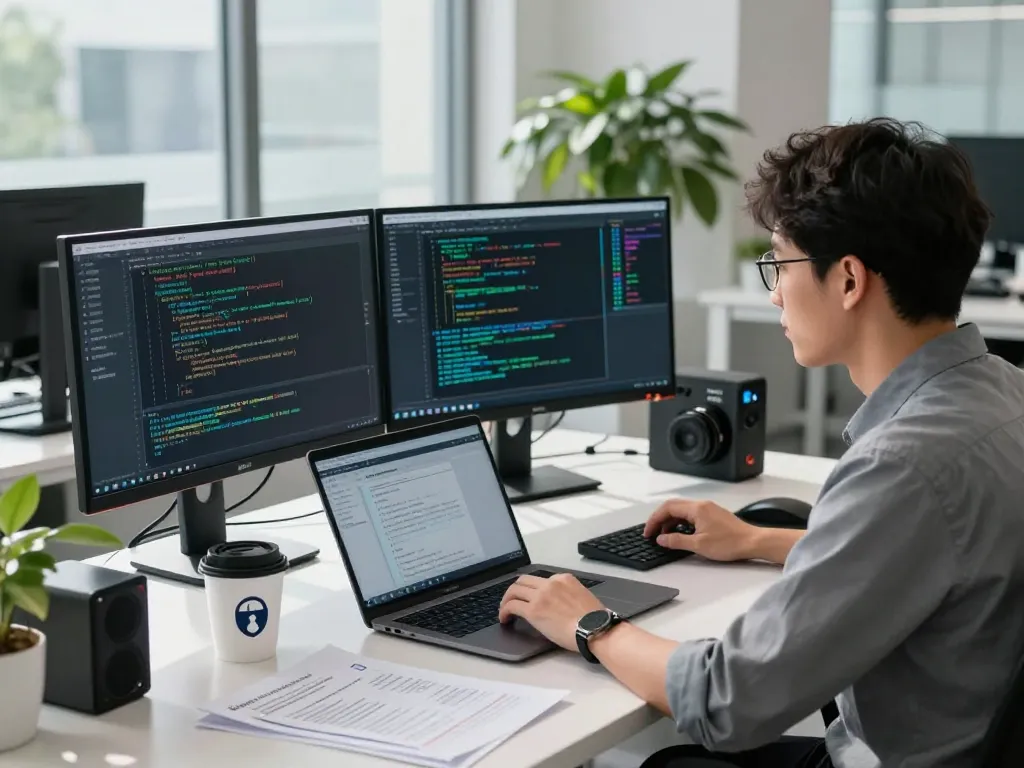 IT specialist monitoring cybersecurity protocols at https://shs-dome5.com/ in a modern office.