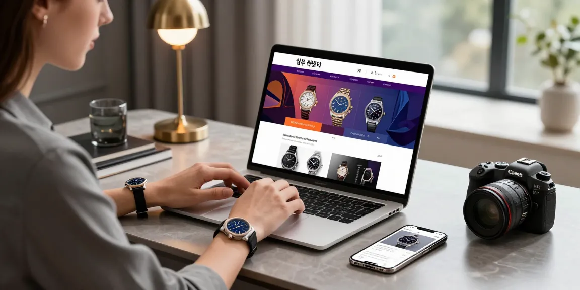 Stylish individual browsing premium 시계 레플리카 online in a modern workspace with elegant decor.