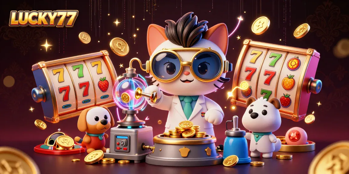 Play slots with LUCKY77 in a vibrant 3D casino scene, featuring a mad scientist cat and dog.
