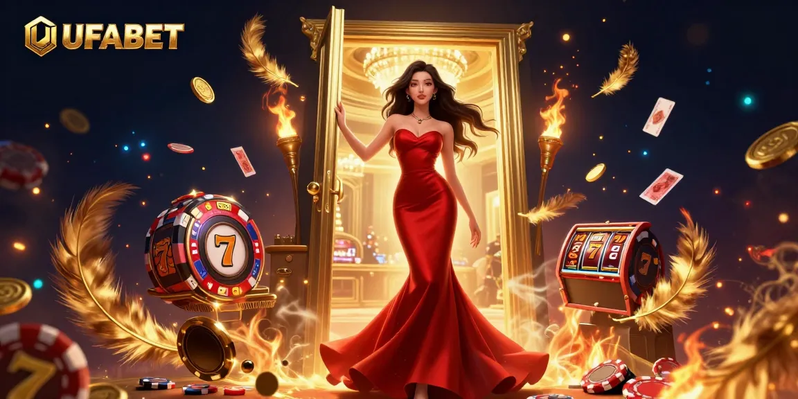 Join the excitement at UFABET with casino gaming, featuring a stunning Asian woman in elegant attire.