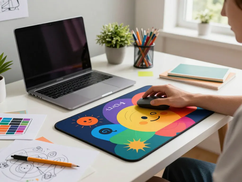 Custom 3D mouse pad with wrist support in a vibrant creative workspace.