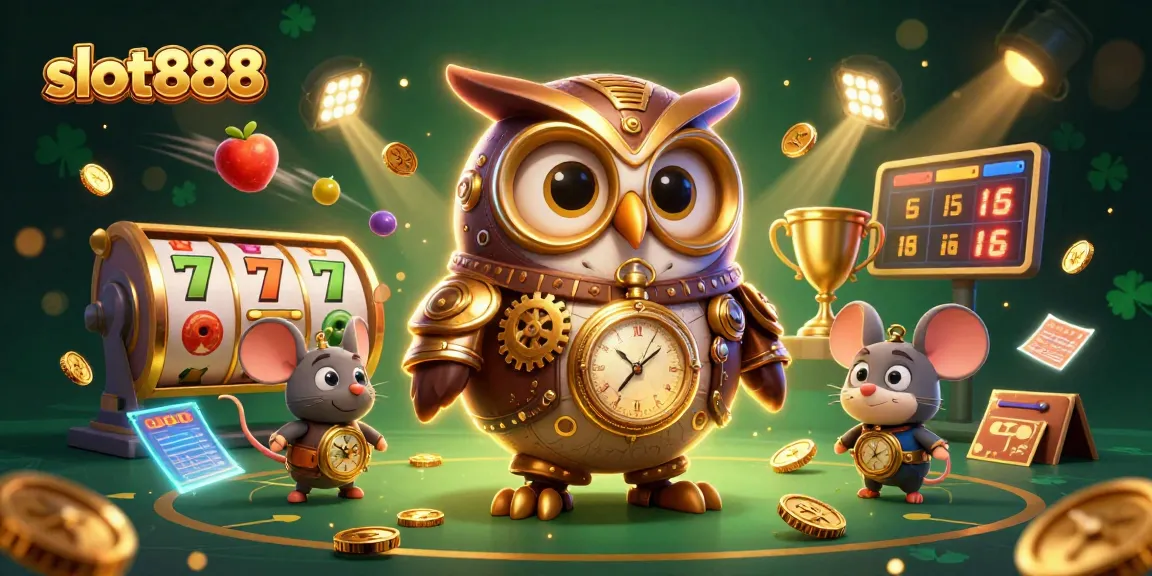 Temukan slot888 yang menarik dengan ilustrasi kasino yang penuh warna dan elemen permainan.