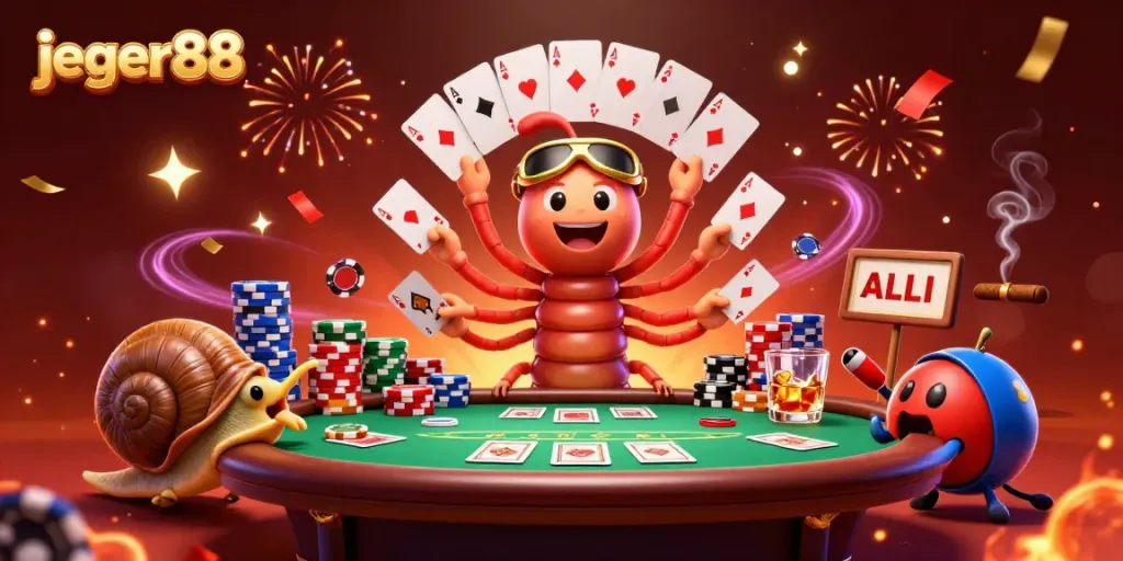 Berjudi di jeger88 dengan dealer millipede dan chip warna-warni di meja poker.