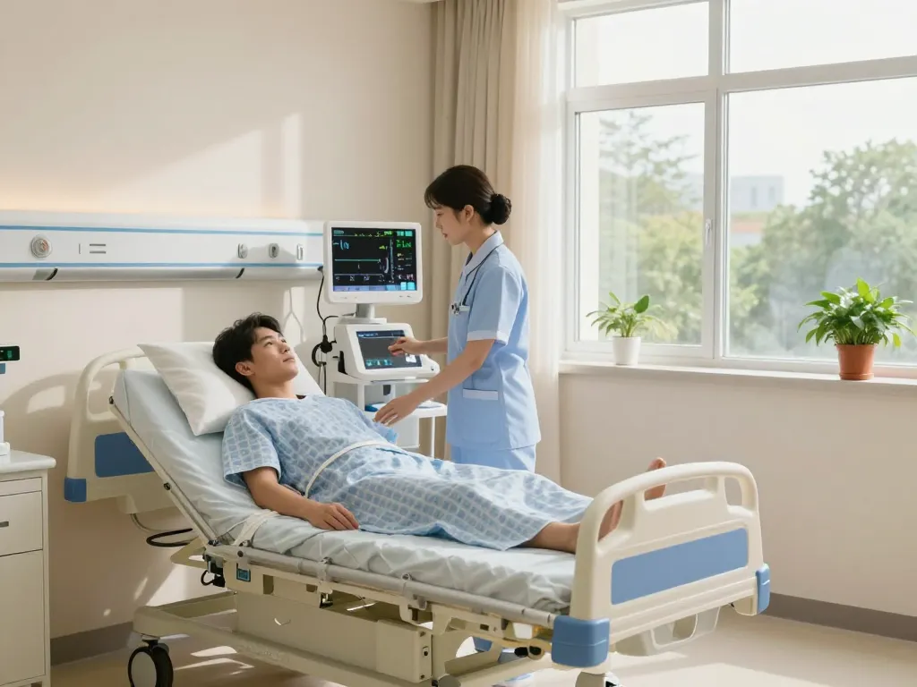 Comfortable giường bệnh nhân in a modern hospital room, designed for patient recovery with a caring nurse assisting.