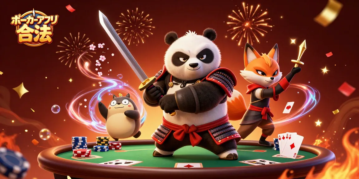 ポーカーアプリ 合法を楽しむキャラクターたちが盛り上がるシーンの3Dイラスト。