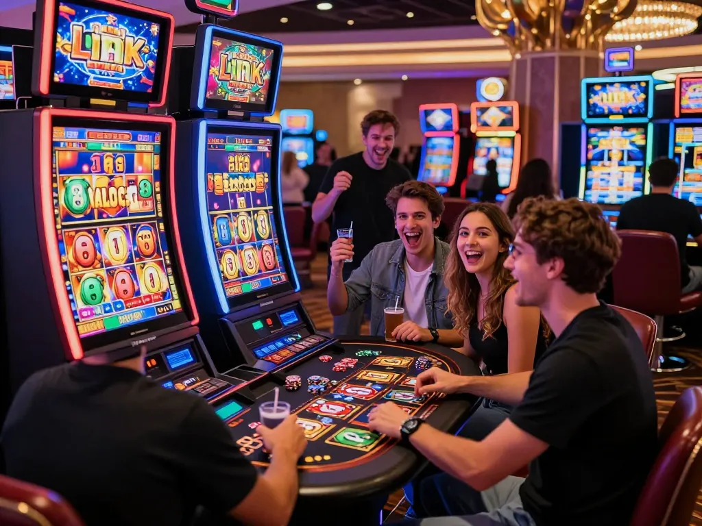 Group enjoying link slot machines in lively casino atmosphere.