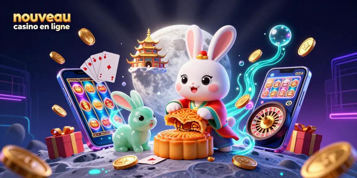 Illustration d'un nouveau casino en ligne avec un lapin lunaire et des jetons de poker.