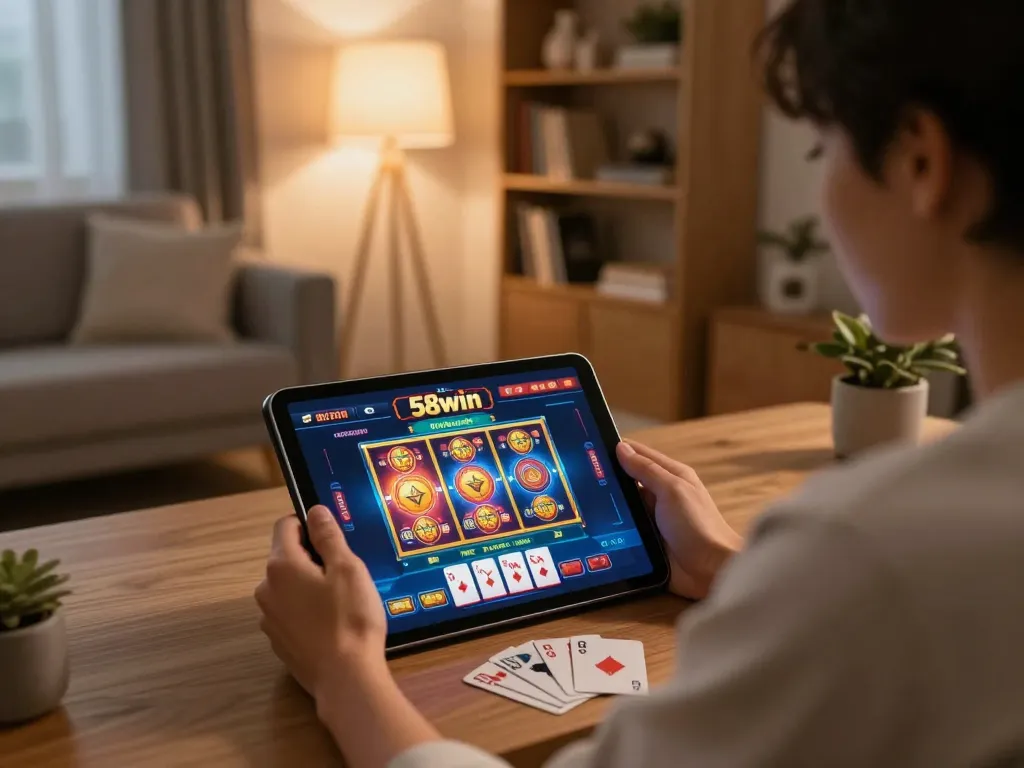 Engaging with 58win casino interface on tablet in a cozy home gaming setup