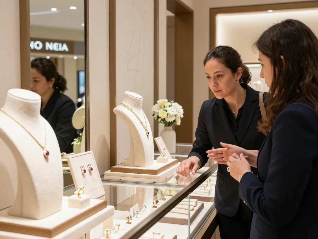Discover exquisite jewelry collections and view it now in a luxurious retail setting.
