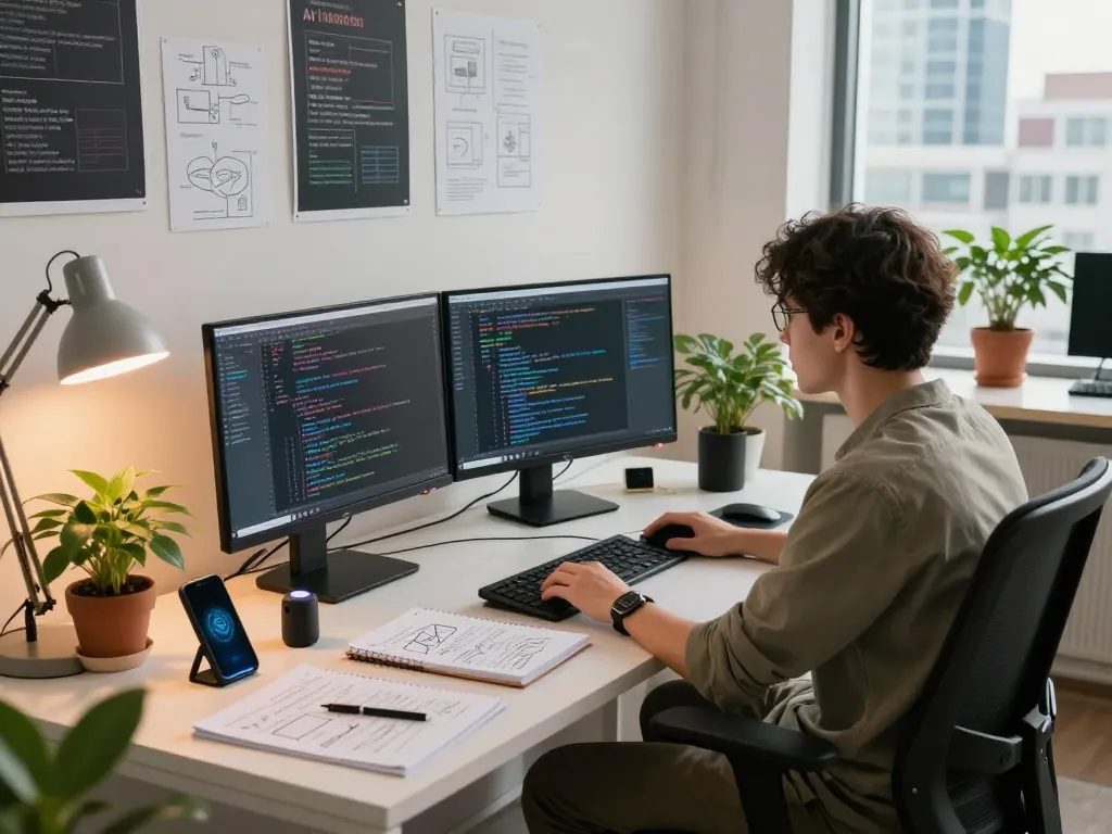 Developer generating AI prompts from images in a collaborative tech workspace, showcasing innovative image to prompt ai processes.