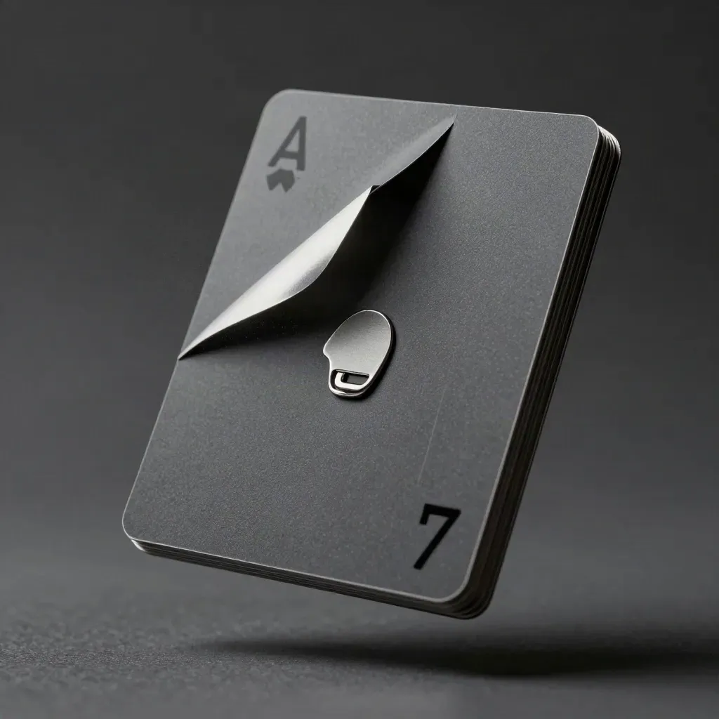 Graphite dividend safety deck with silver edge and lifting top card in a moody studio void.