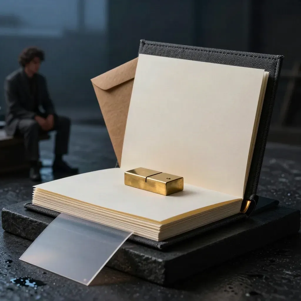 Charcoal linen portfolio case with ivory folios, brass paperweight and kraft envelope on dark stone.