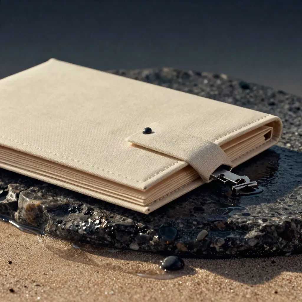 Cream finance folio on wet basalt with linen band and pebble weight, lit by a low raking shadow.