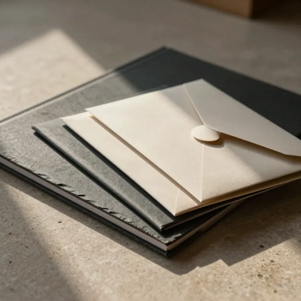 Quarterly income pack trio with sealed envelope and review case on stone in warm haze.