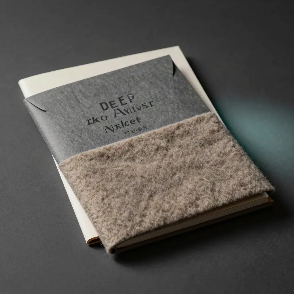 Graphite market-notes booklet half-covered by wool cloth on a dark studio surface