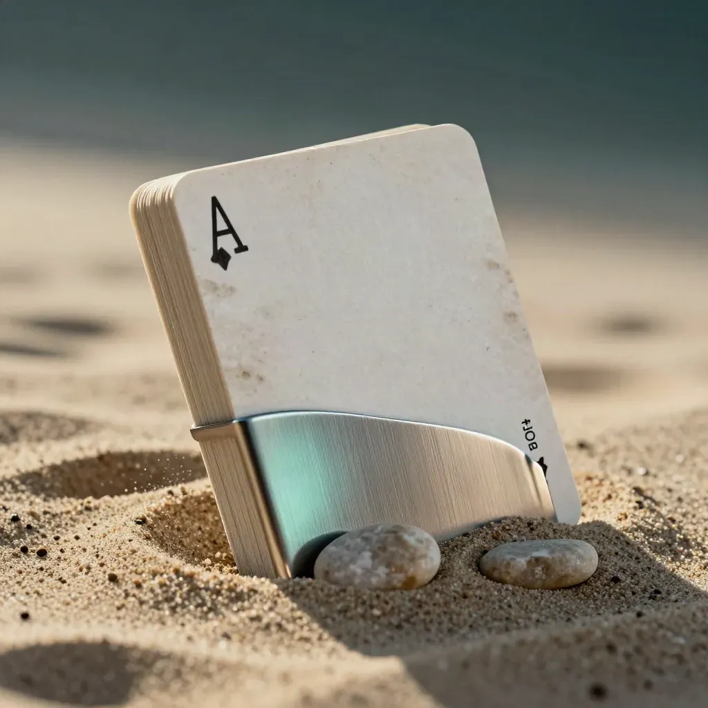 Pale stone income deck with metal divider and pebble props tilting in sand, side-lit with teal glint.