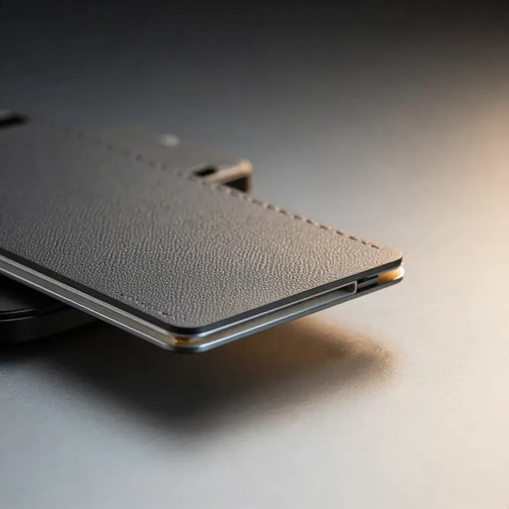 Macro graphite finance packet with translucent tabs and silver-lit sleeve on glassy surface.