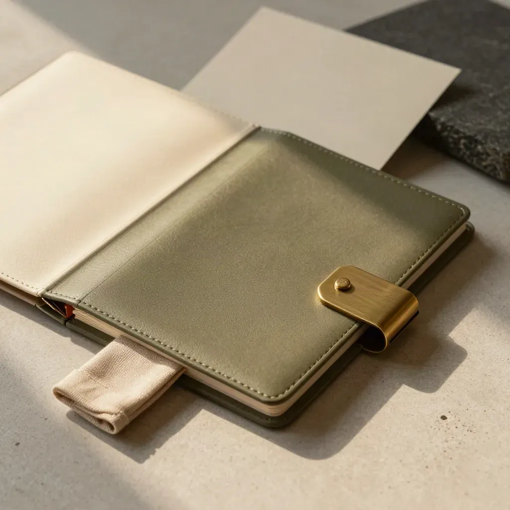 Overhead cream folio with brass clip and folded cloth marker on pale stone, lit by warm side light.