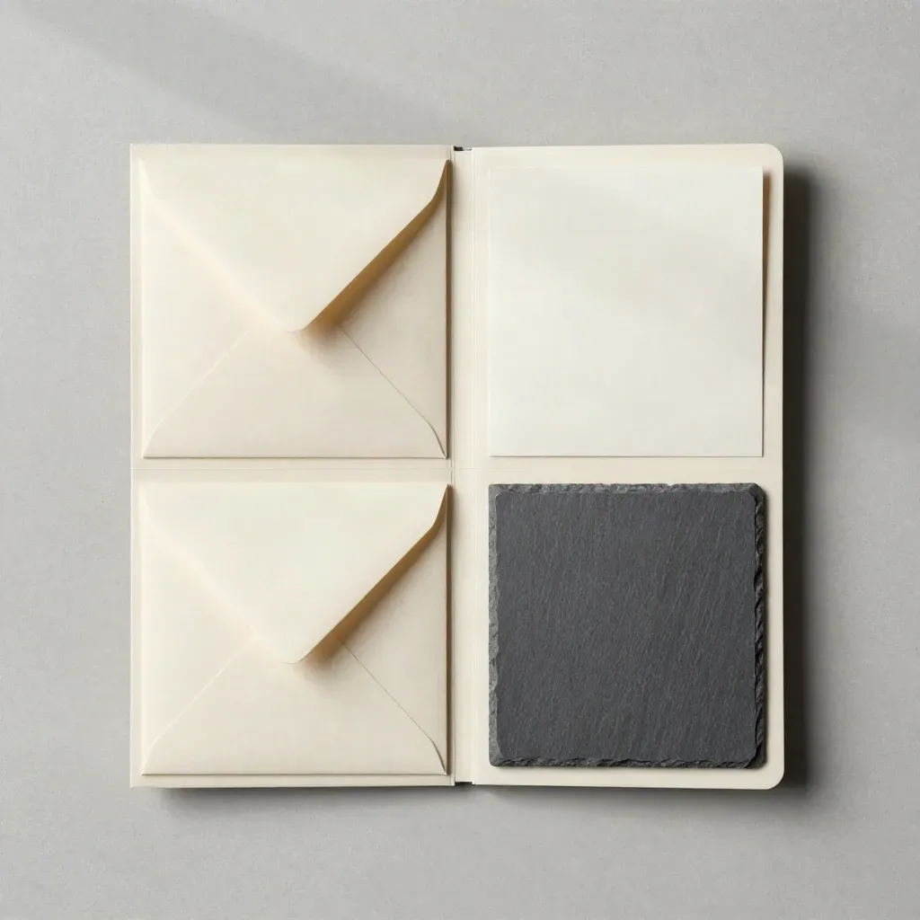 Overhead flatlay of cream income brief case, inserts, envelope and slate weight on concrete.