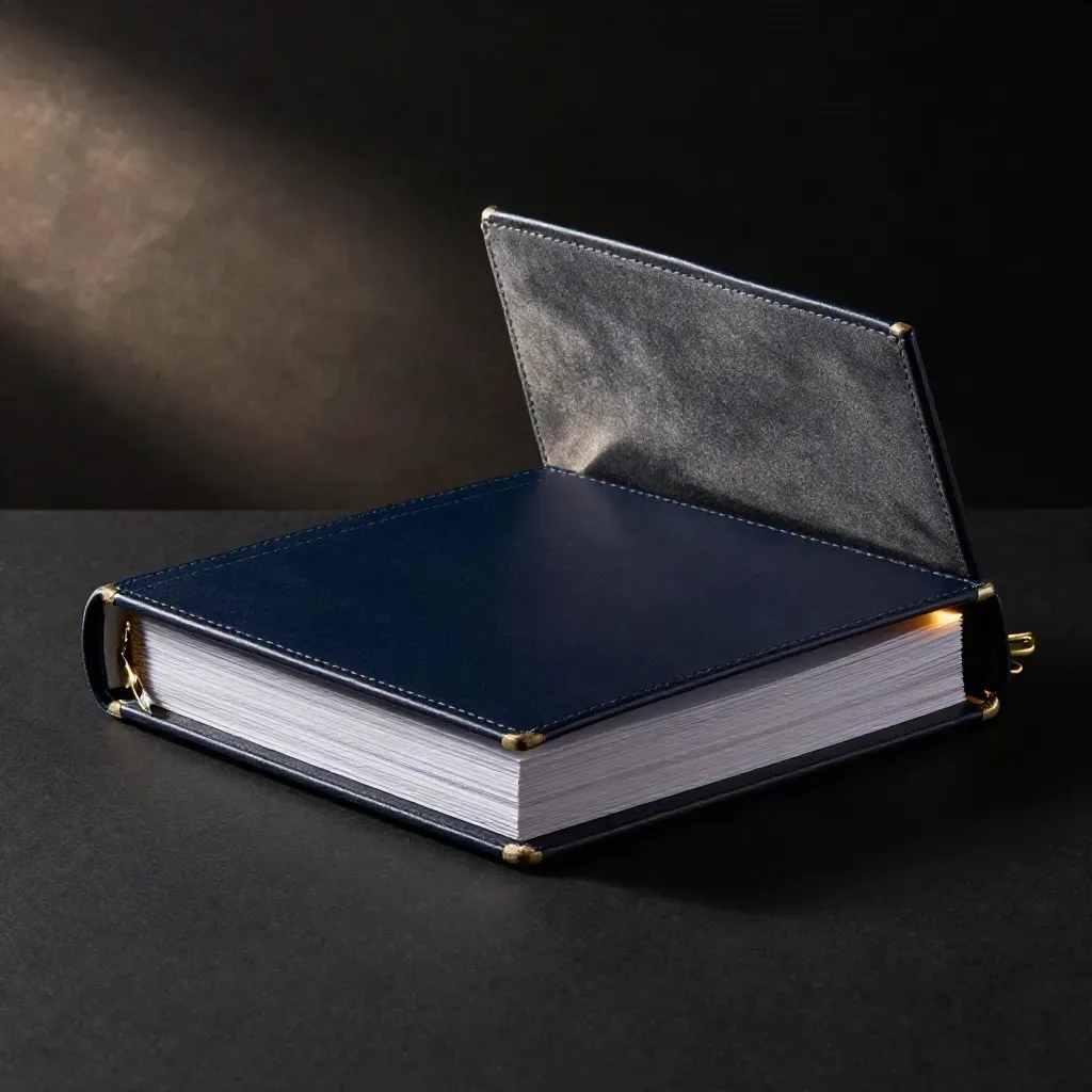 Open navy binder with gold clip and fanned dividers on a dark studio surface
