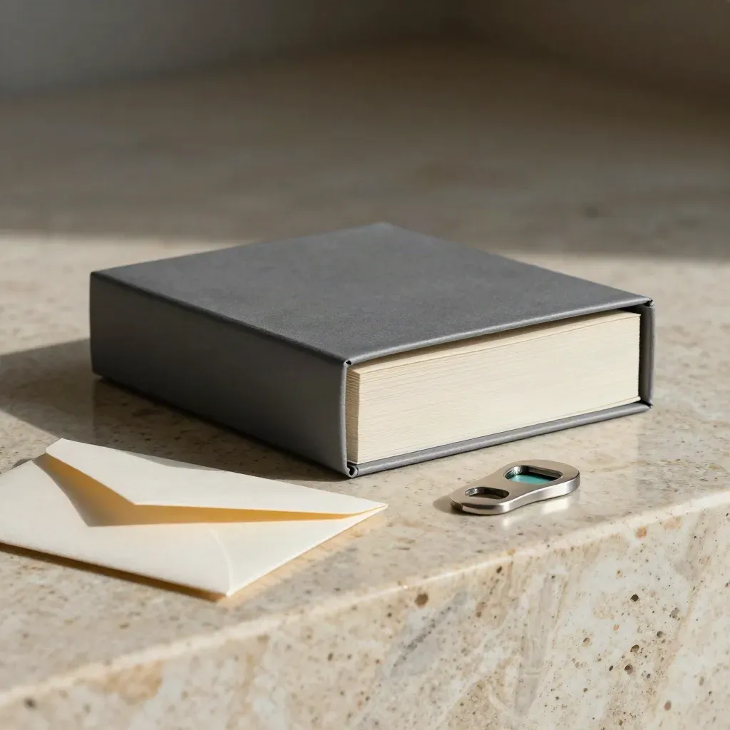 Graphite report box on travertine step with envelope and steel opener, lit from the side