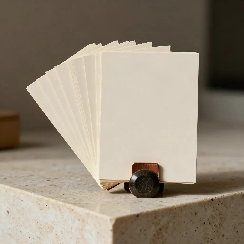 Blank dividend watch list cards in a cream sleeve with bronze clip on travertine.
