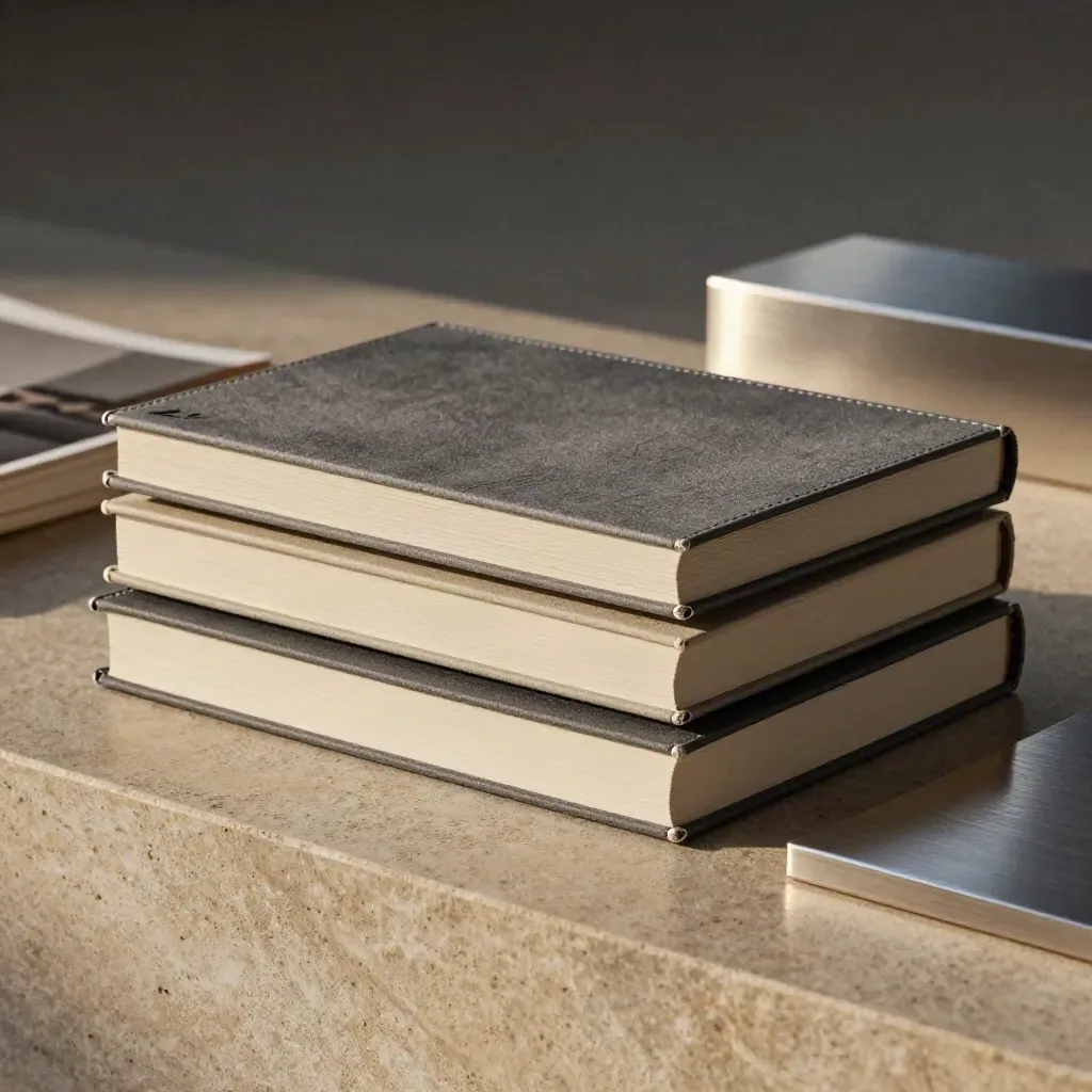 Three textured factor scorecard folios stepping across limestone under raking light.