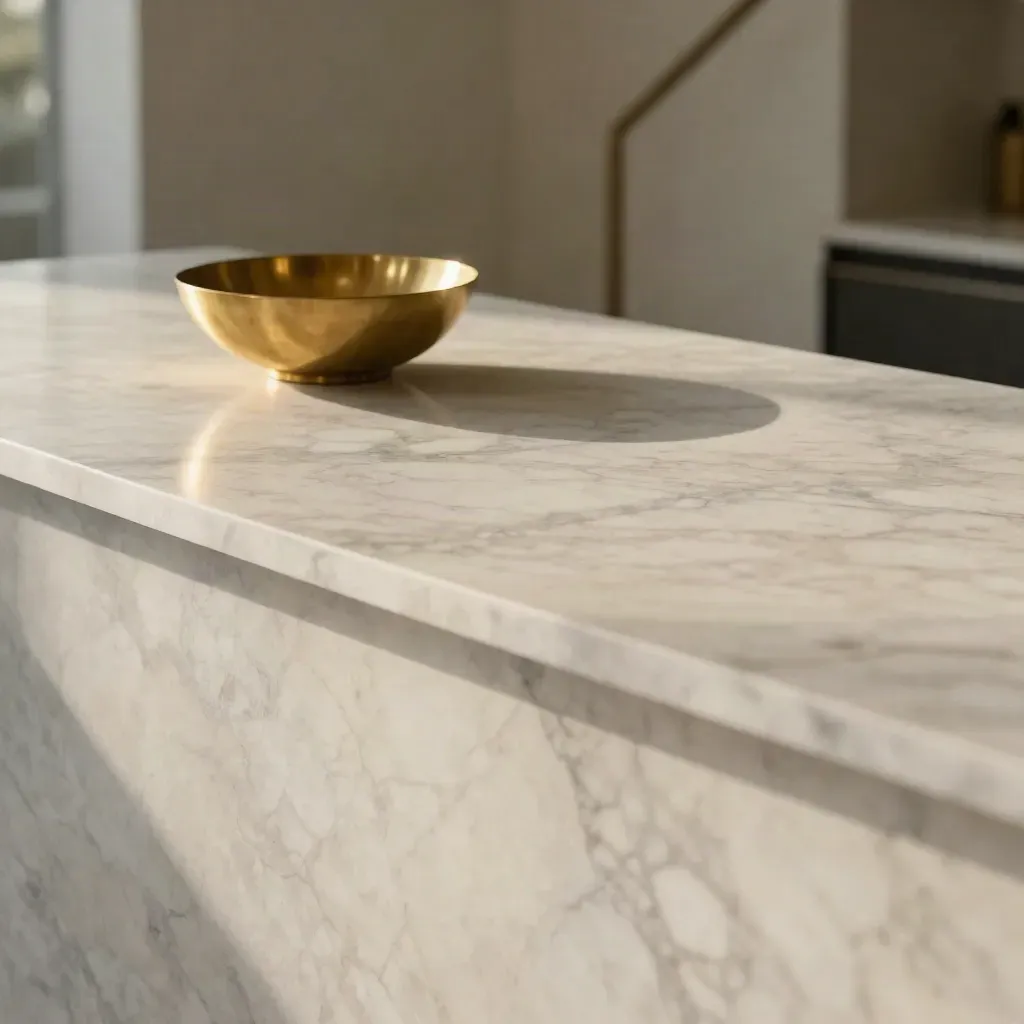 Pale marble countertop with brass bowl and blurred stair rail in a quiet modern interior