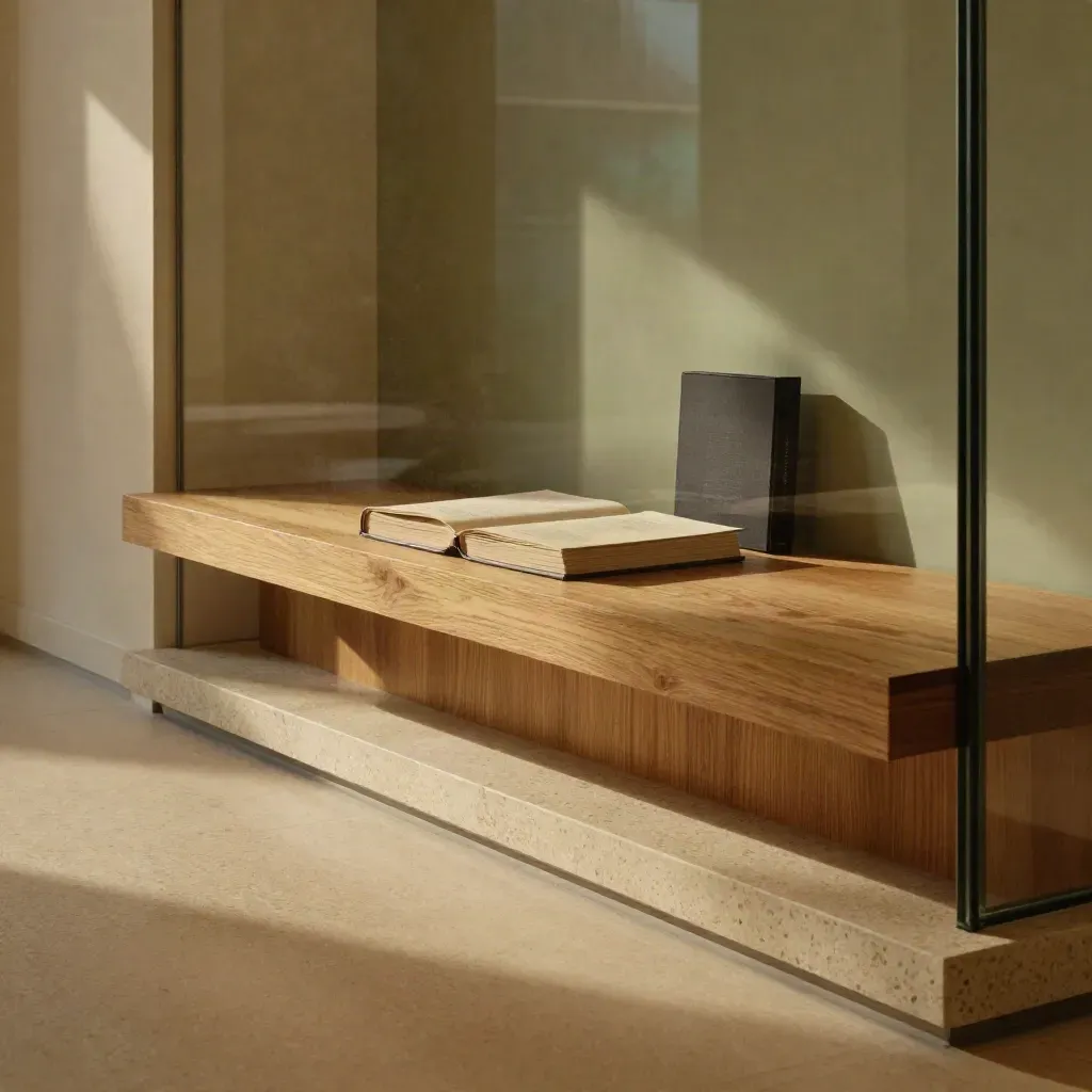 Sunlit glass gallery corridor with oak seating, travertine floor and long late-afternoon shadows.