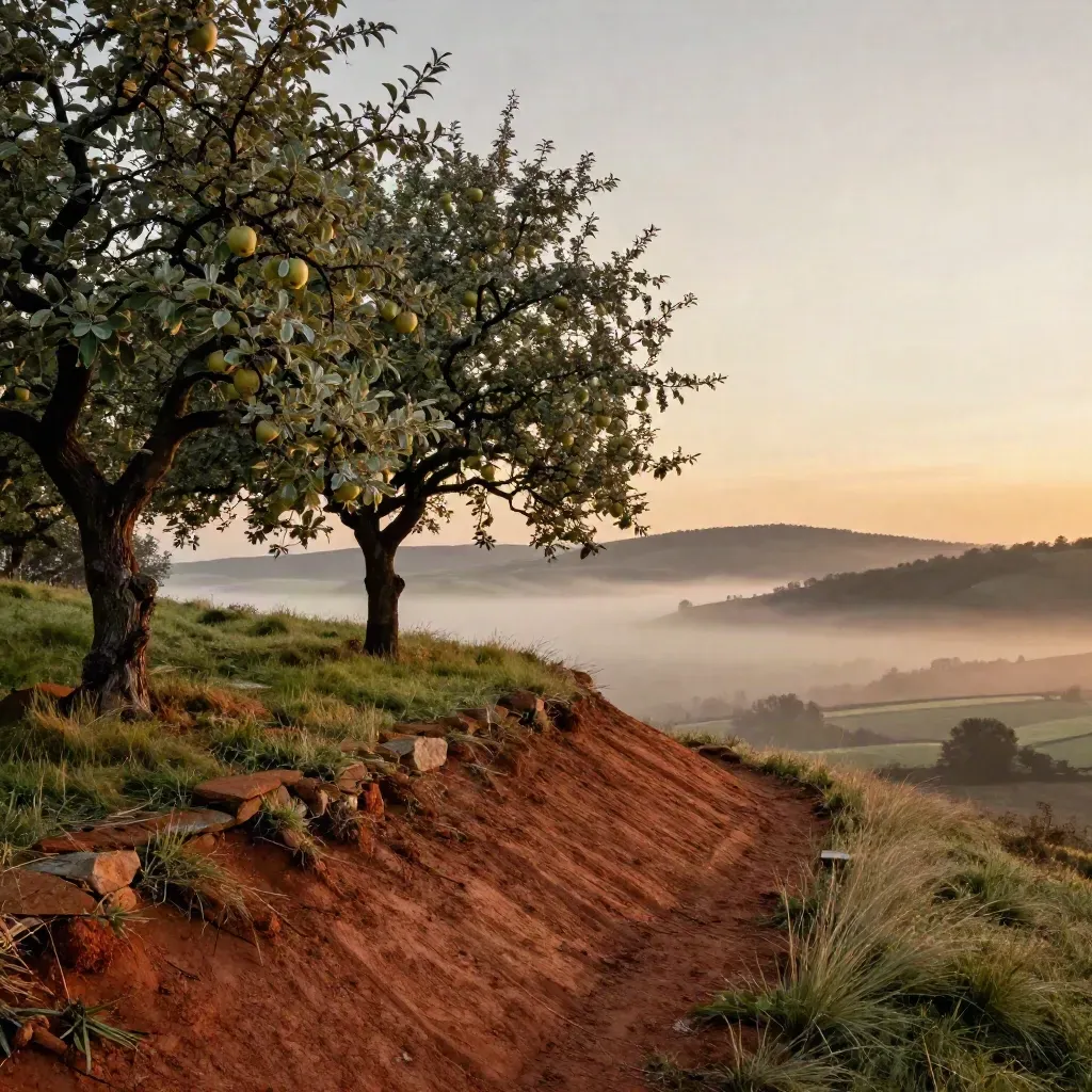 Hilltop orchard above a misty valley at dusk, with sunlit trees and open fog below.