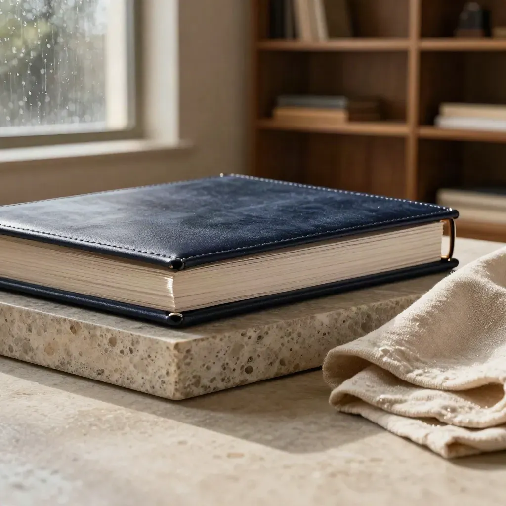 Rain-lit reading room with walnut shelves, stone plinth, and navy binder bokeh