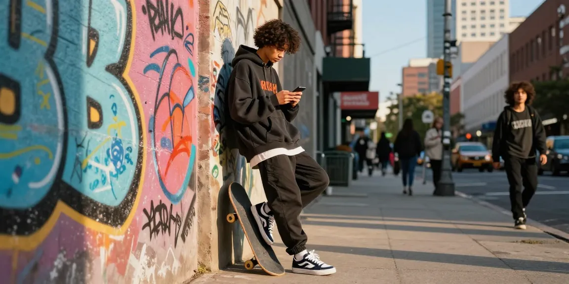 Stylish young individual in streetwear checking smartphone at https://shs-dome5.com/ urban background featuring graffiti.