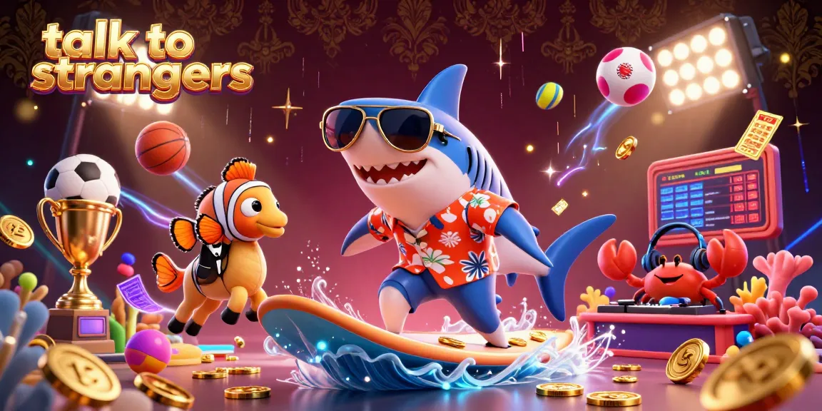 Talk to strangers through a vibrant 3D scene showcasing lively cartoon characters and gambling elements.