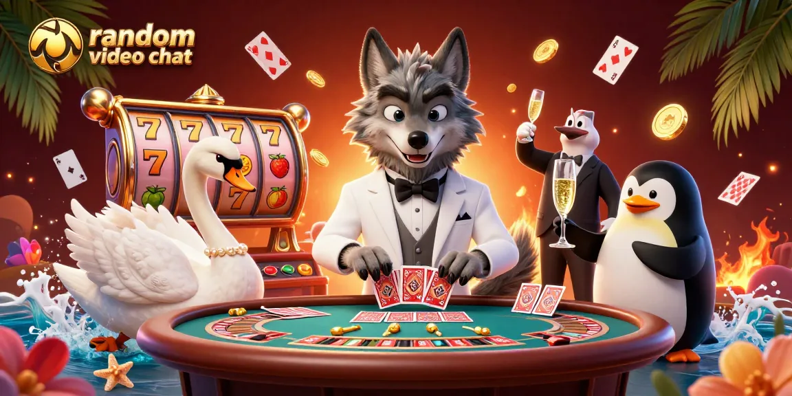Experience thrilling random video chat moments with lively characters at a vibrant casino scene.