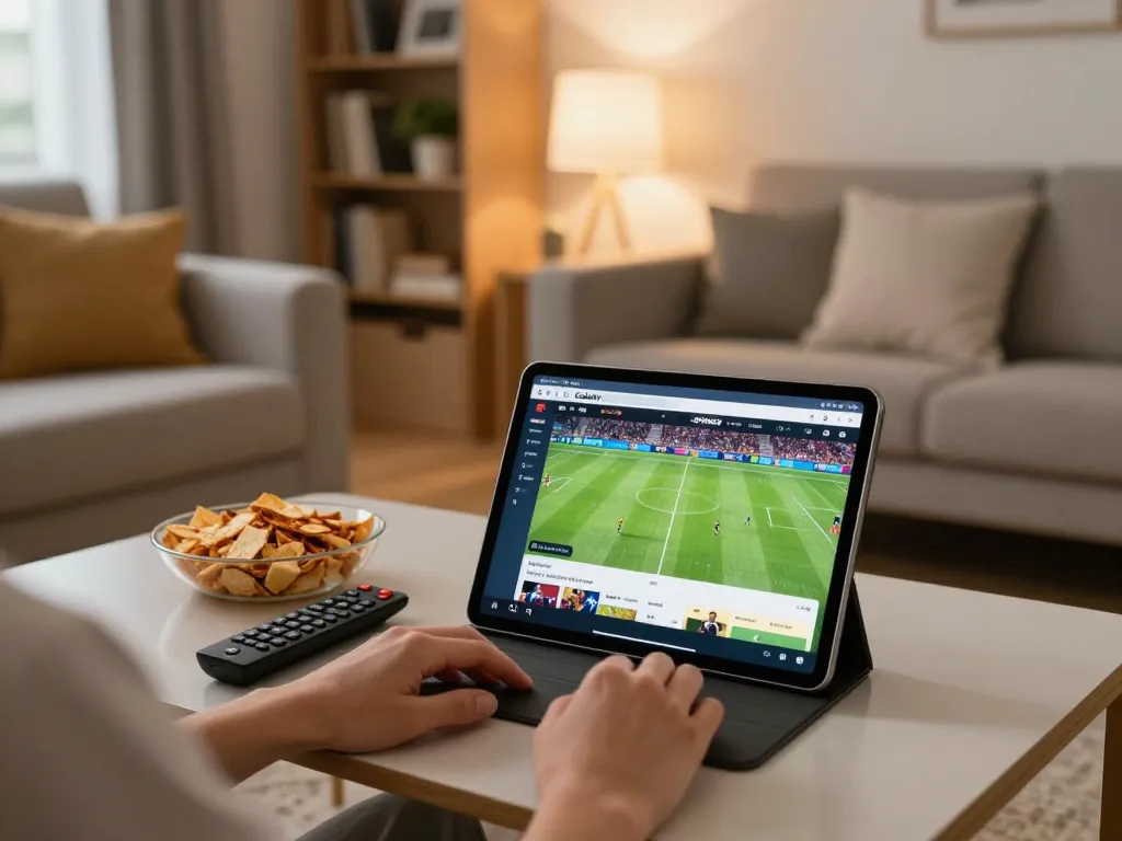 Engaging in footbal stream Cakhiatv from a cozy living room setup with family.