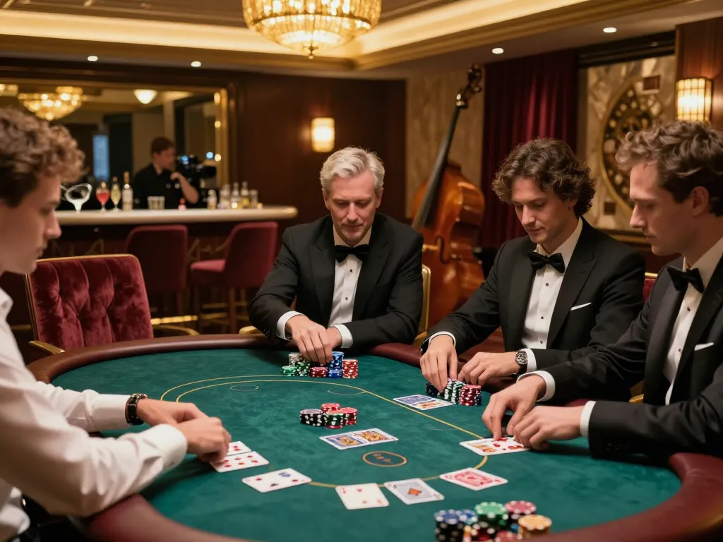 F168 players engaged in a high-stakes poker game in an upscale VIP casino room.