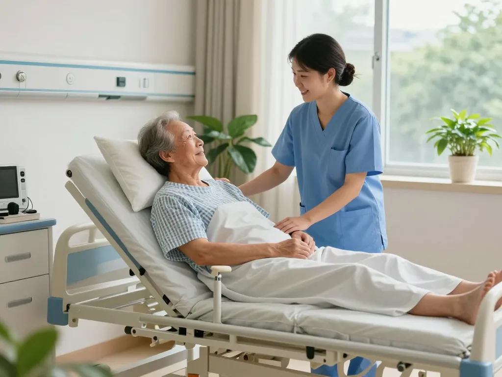 Modern giường bệnh nhân in a caring healthcare environment with a supportive caregiver and natural light.
