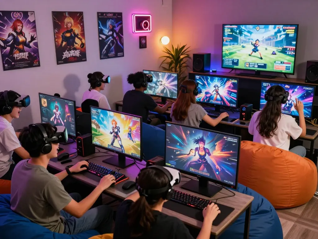 Players enjoying dynamic hentai game experiences in a vibrant gaming lounge.