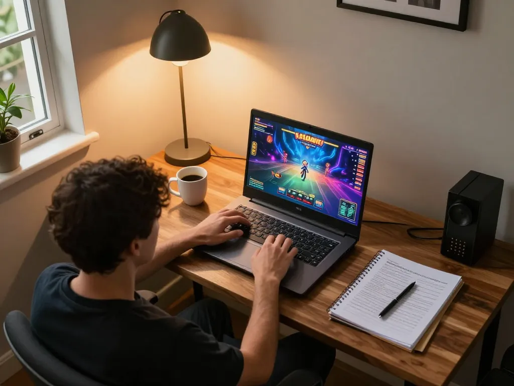 Playing สล็อตทดลอง online in a cozy home setting, showcasing an entertaining and responsible gambling experience with strategy notes.