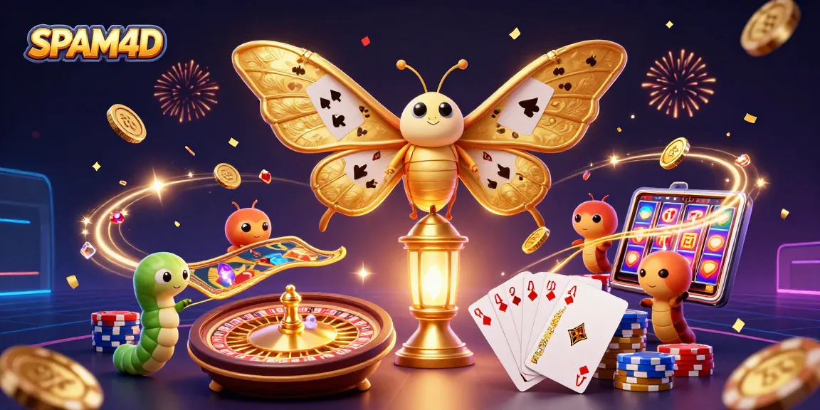 Permainan SPAM4D menampilkan kupu-kupu atlas kartun 3D dengan sayap emas dan slot mesin keberuntungan.