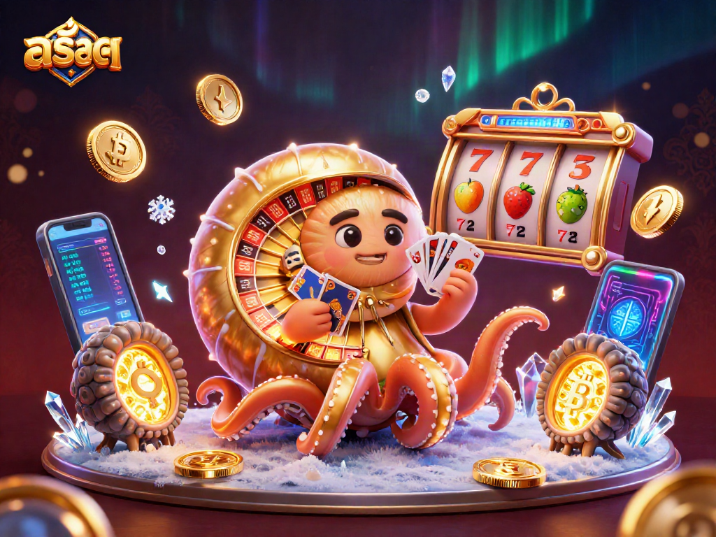 Spin สล็อต reels with a giant nautilus holding cards and glowing cryptocurrencies in action.