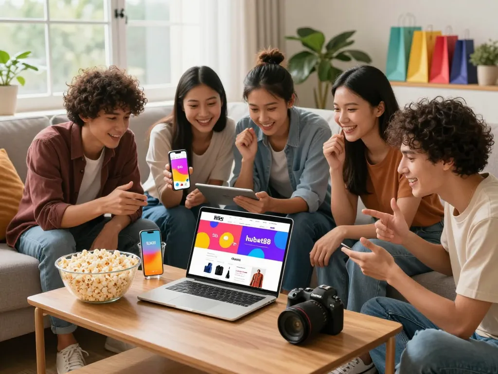 Youthful group excitedly browsing hubet88 for sales and new products in a cozy living room.