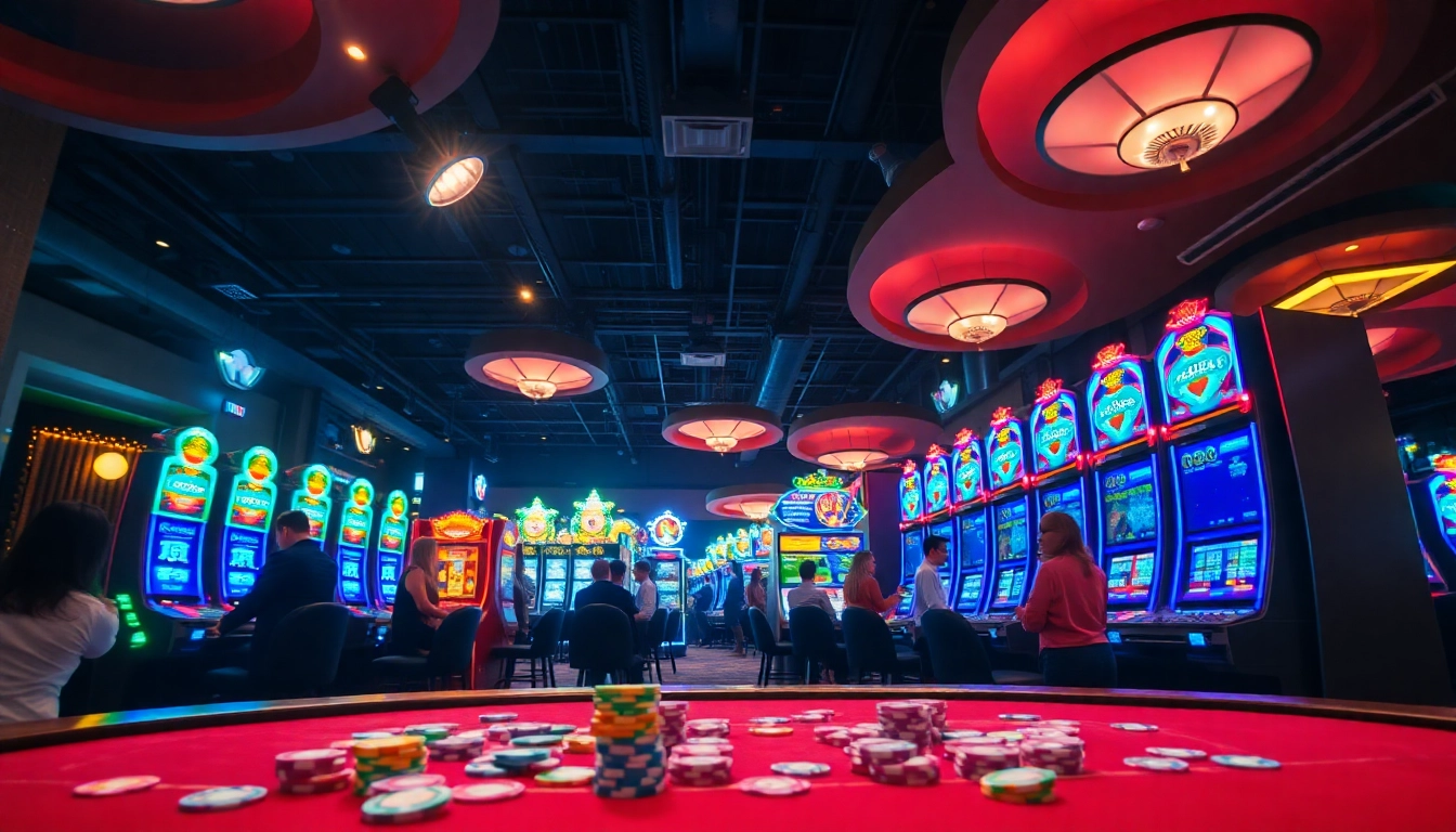 Permainan demo slot gacor yang menarik di kasino dengan lampu neon yang cerah.