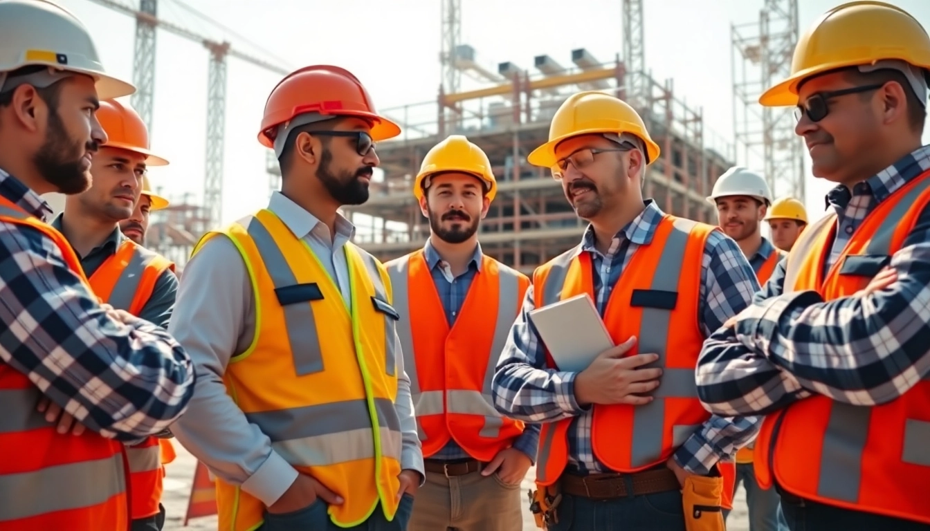 Construction safety training session with workers demonstrating safety gear use effectively.