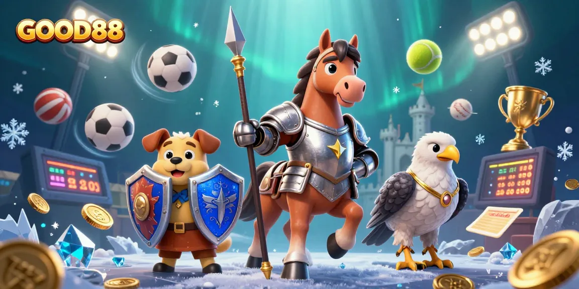 Experience thrilling sports betting with GOOD88 in an engaging 3D casino scene, showcasing dynamic games.