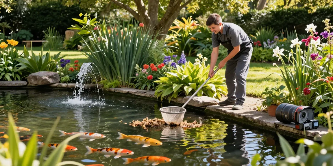 Pond cleaning Sussex scene showcasing a pond care professional maintaining a beautiful garden pond.