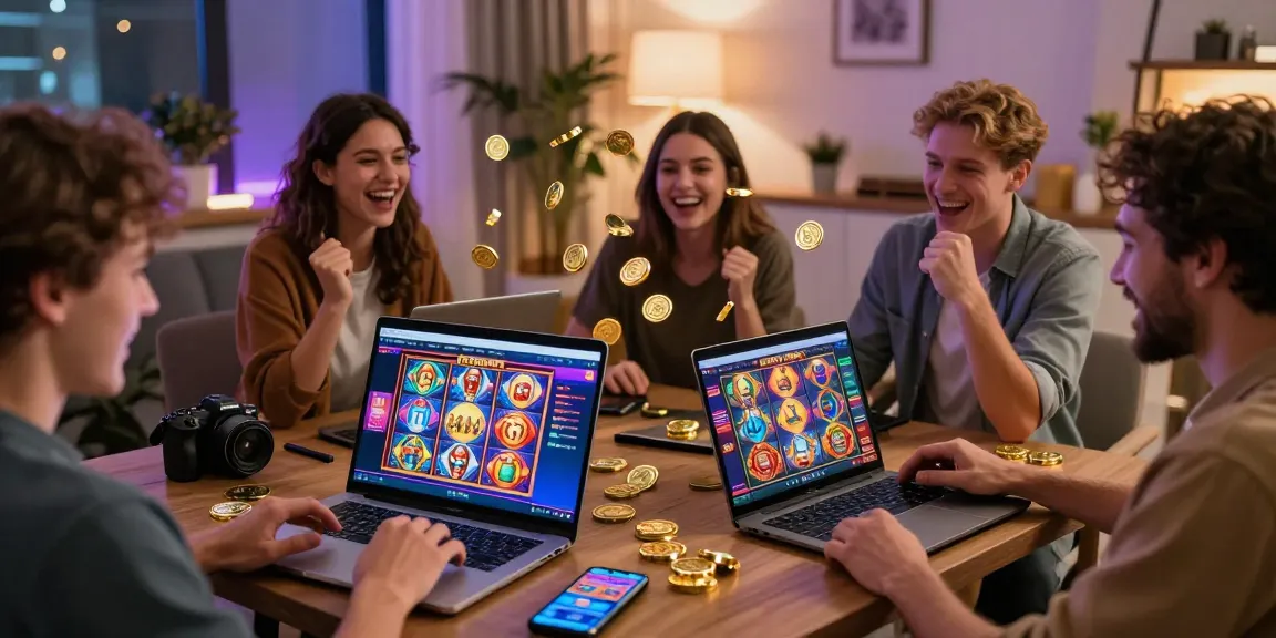 Players exploring new UK slot sites, celebrating wins in a cozy online casino environment.